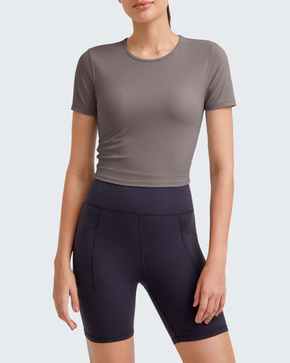 G4Free Activewear Ribbed Slim Workout Crop Short Sleeve #Khaki / S-Khaki / M-Khaki / L-Khaki / XL-Khaki / XS-Purple / S-Purple / M-Purple / L-Purple / XL-Purple / XS