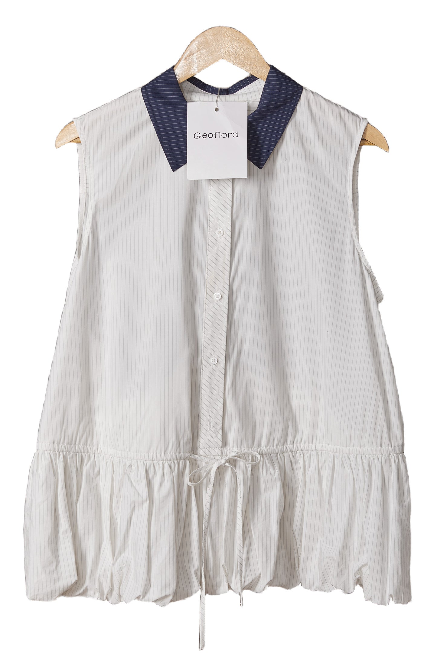 Geoflora White Sleeveless Peplum Blouse with Navy Collar - Casual Button-Down Drawstring Waist Top