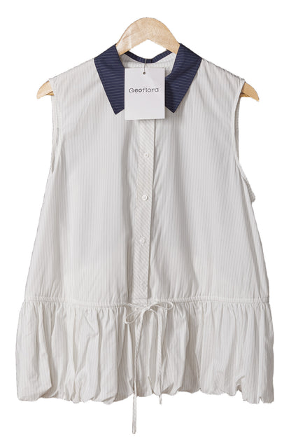 Geoflora White Sleeveless Peplum Blouse with Navy Collar - Casual Button-Down Drawstring Waist Top