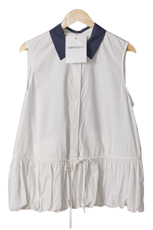Geoflora White Sleeveless Peplum Blouse with Navy Collar - Casual Button-Down Drawstring Waist Top