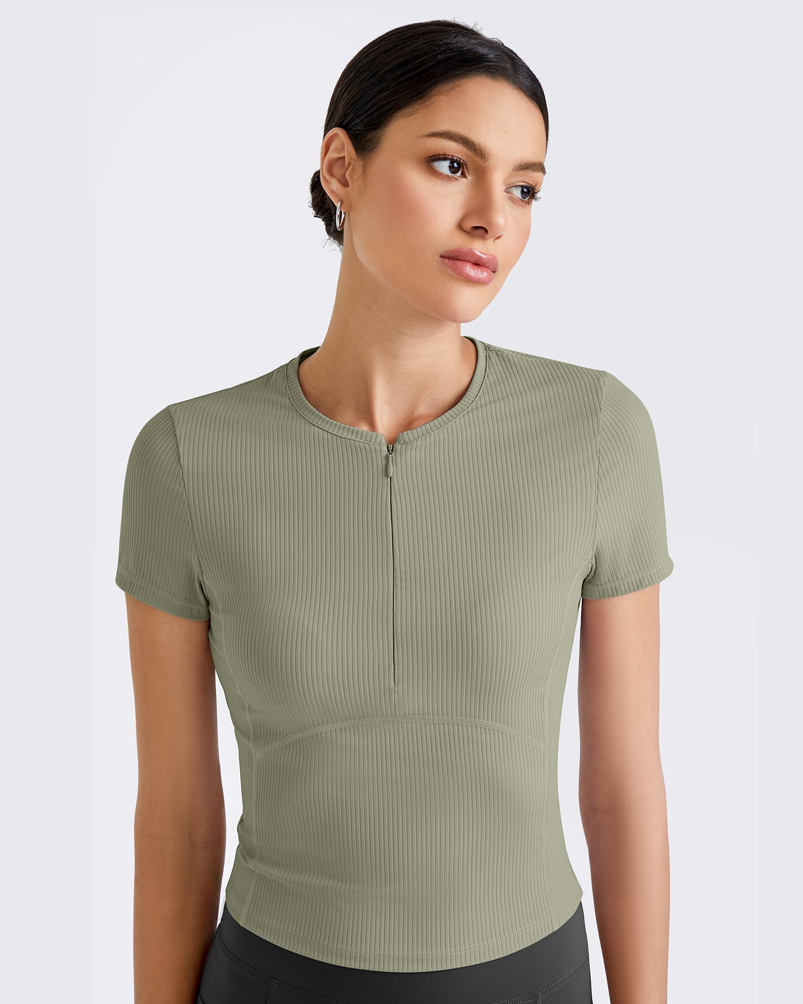 G4free Ribbed Half Zip Slim Work Out Short Sleeve  #forest-green