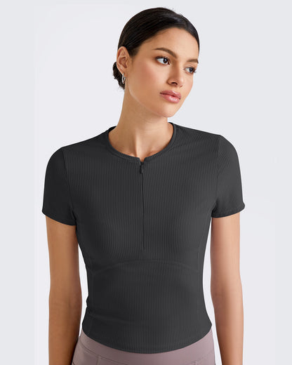 G4Free Activewear Ribbed Half Zip Slim Work Out Short Sleeve #Navy / S-Navy / M-Navy / L-Navy / XL-Navy / XS-Black / S-Black / M-Black / L-Black / XL-Black / XS