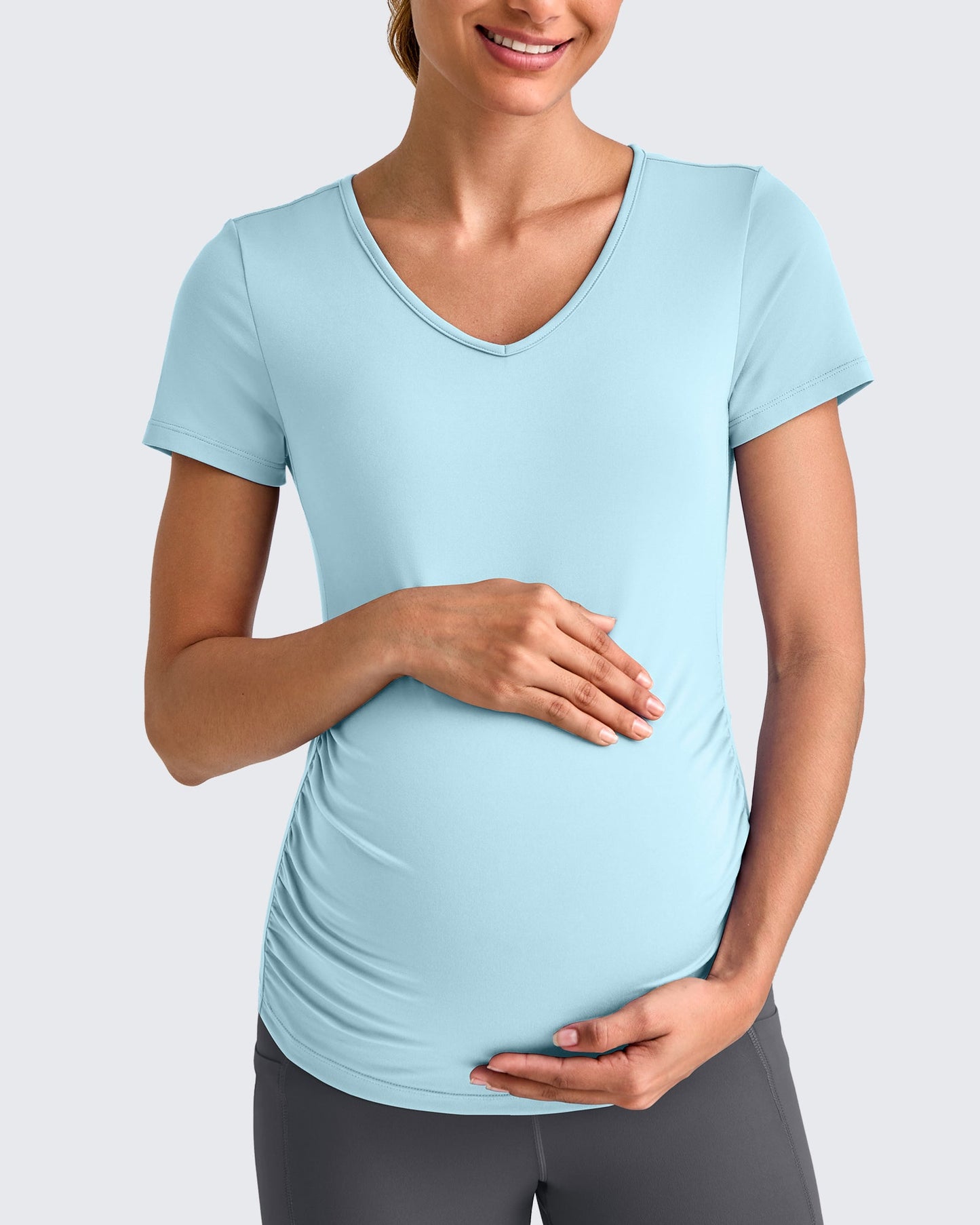G4Free Activewear Lightweight V Neck Side Ruched Maternity Short Sleeve #Pink / S-Pink / M-Pink / L-Pink / XL-Pink / XXL-Pink / XS-Black / S-Black / M-Black / L-Black / XL