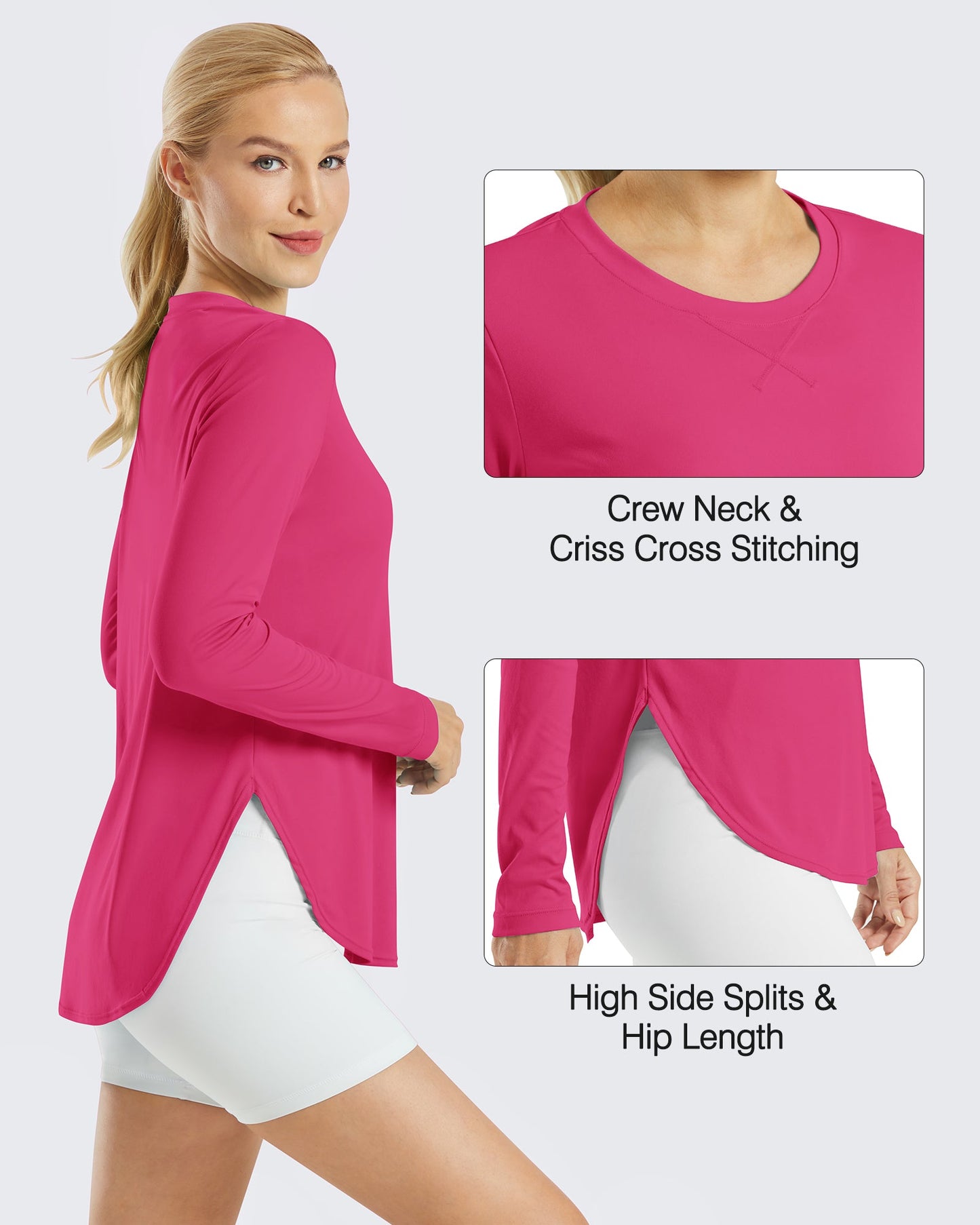 G4Free Activewear Scoop Neck UV Sun Workout Long Sleeve #Hot pink