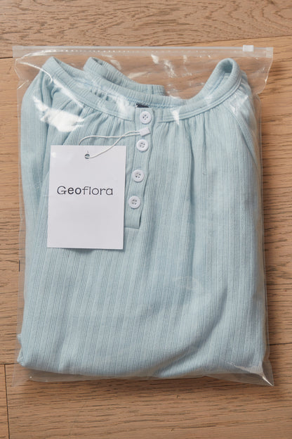 Geoflora Light Blue Ruffle Hem Long Sleeve Blouse - Casual Round Neck Textured Cotton Top