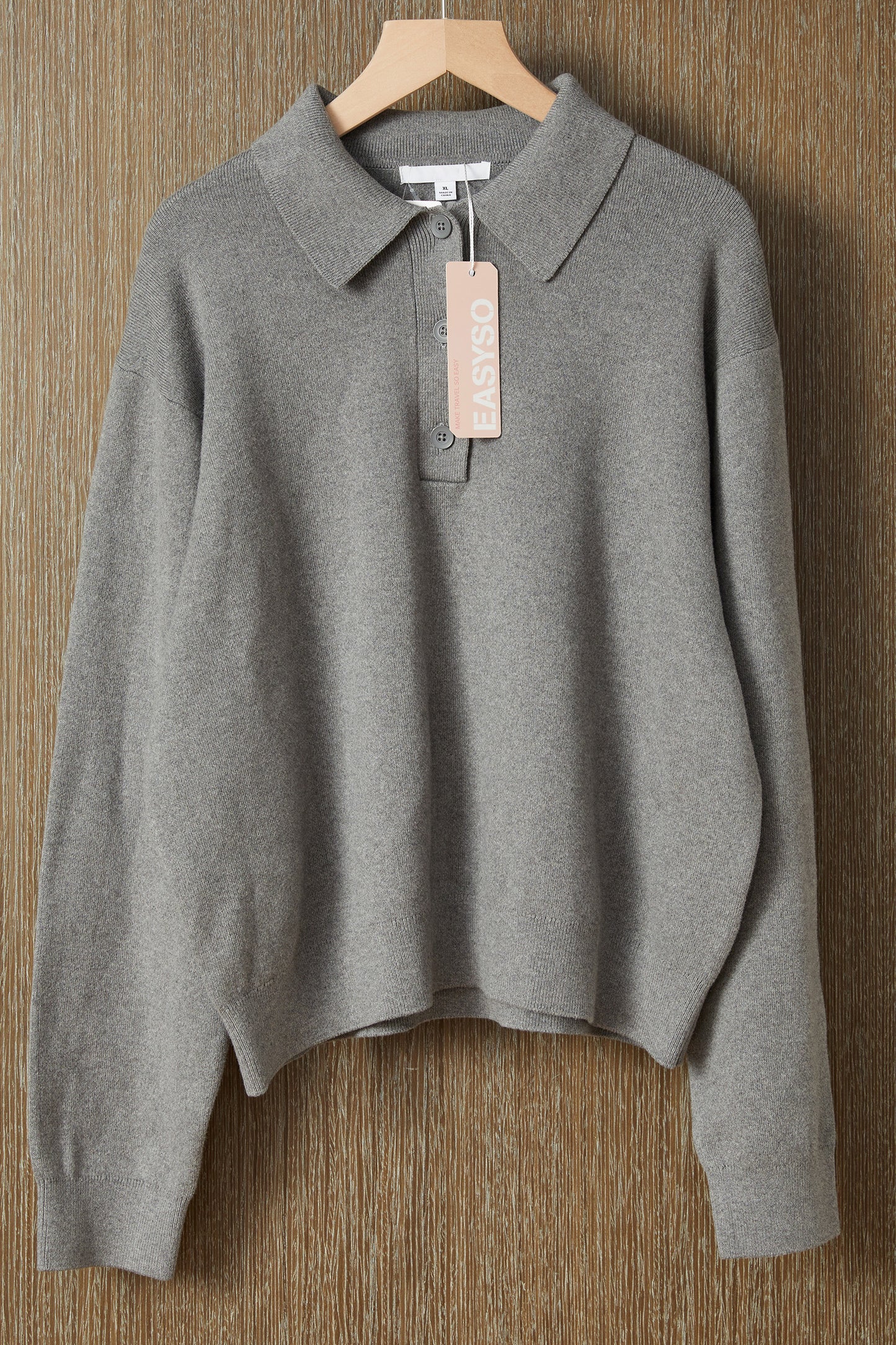EASYSO Travel-Ready Knit Polo Pullover – Relaxed Collared Sweater in Soft Heather Grey