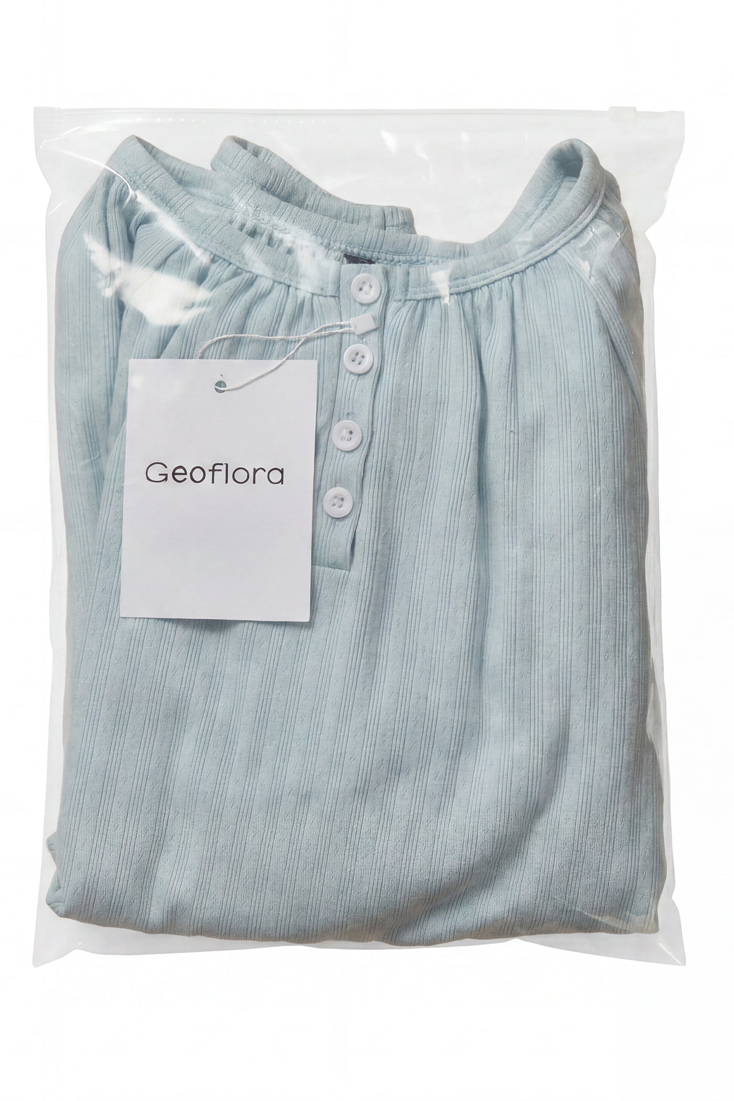Geoflora Light Blue Ruffle Hem Long Sleeve Blouse - Casual Round Neck Textured Cotton Top