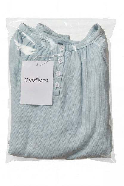 Geoflora Light Blue Ruffle Hem Long Sleeve Blouse - Casual Round Neck Textured Cotton Top