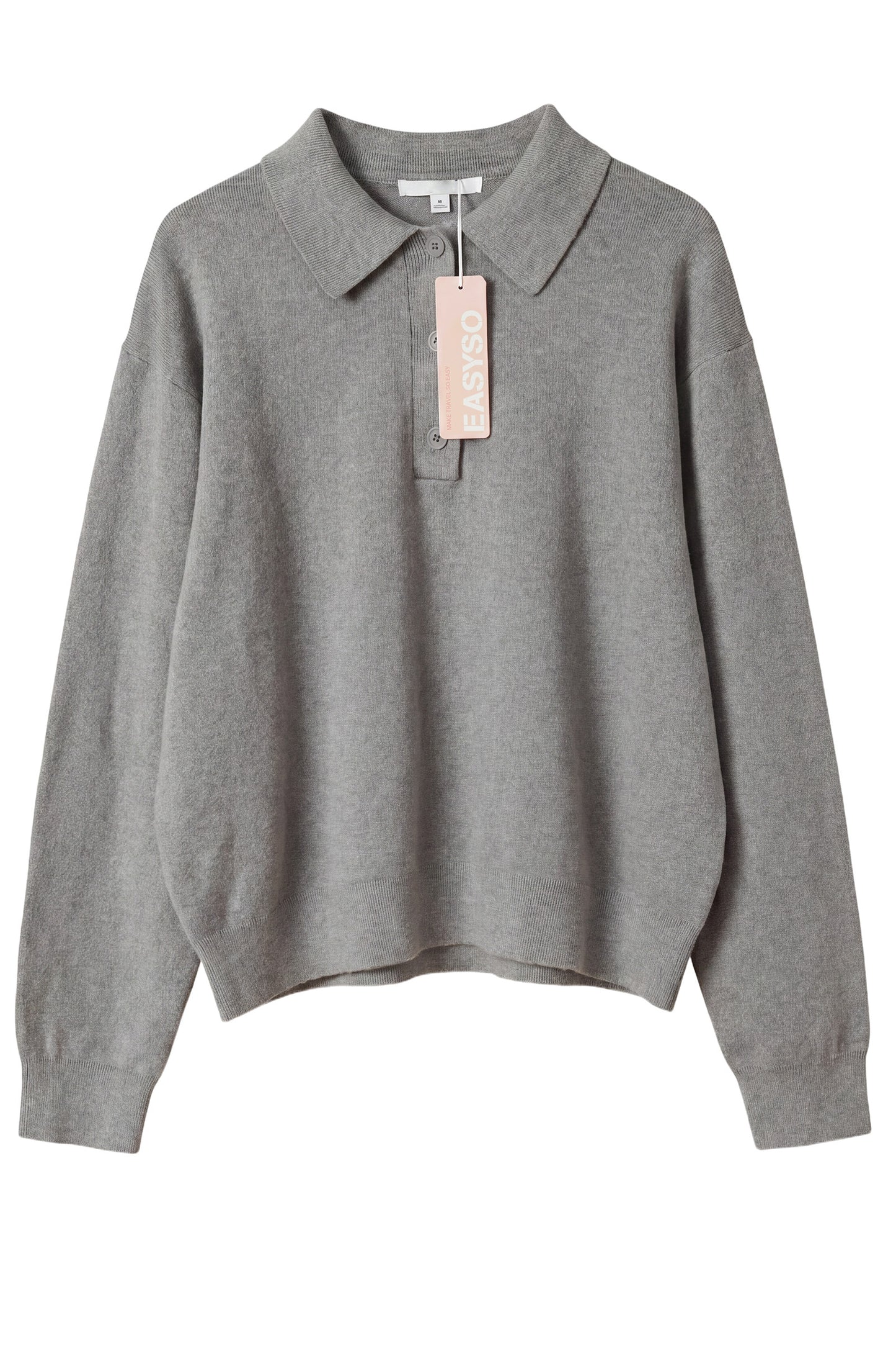 EASYSO Travel-Ready Knit Polo Pullover – Relaxed Collared Sweater in Soft Heather Grey