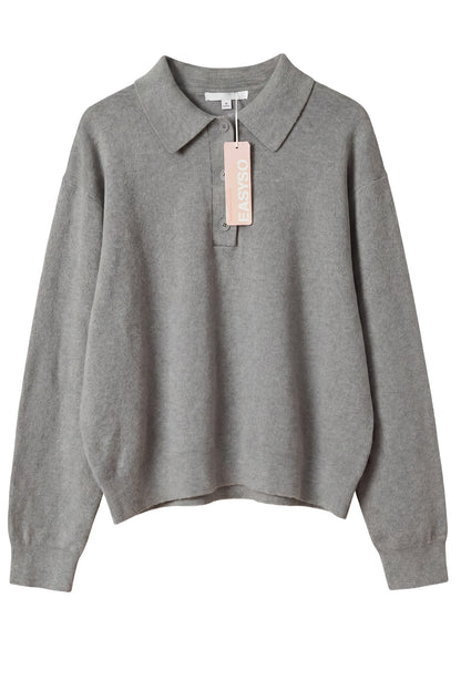 EASYSO Travel-Ready Knit Polo Pullover – Relaxed Collared Sweater in Soft Heather Grey