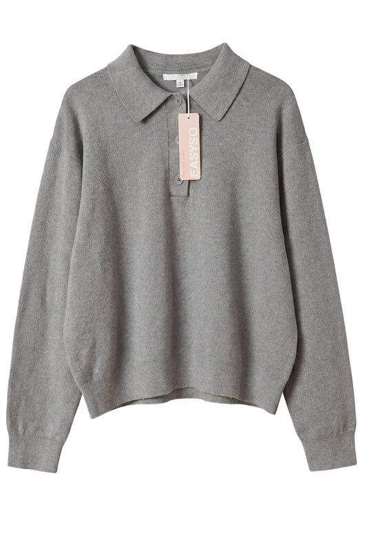 EASYSO Travel-Ready Knit Polo Pullover – Relaxed Collared Sweater in Soft Heather Grey