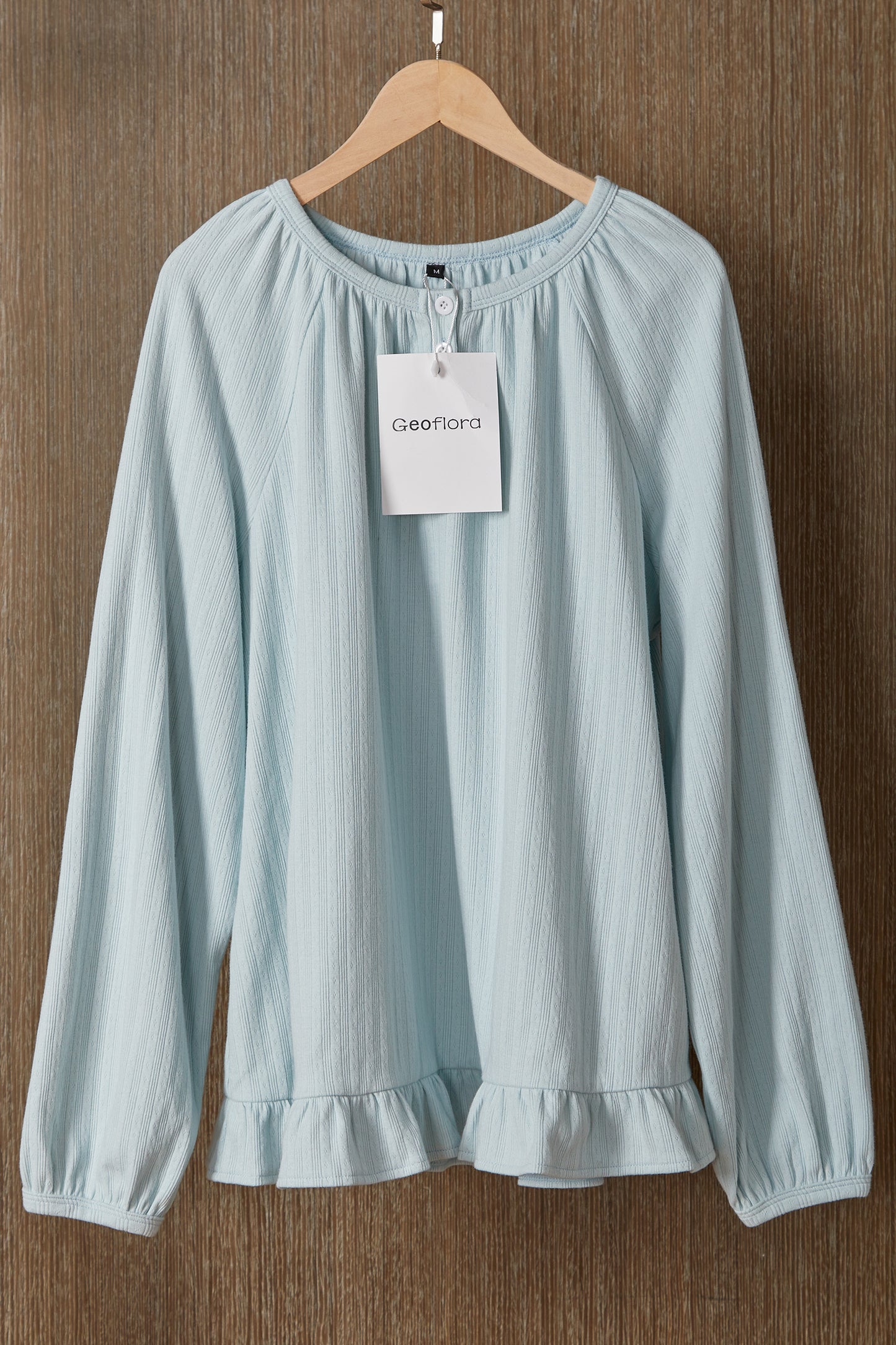 Geoflora Light Blue Ruffle Hem Long Sleeve Blouse - Casual Round Neck Textured Cotton Top