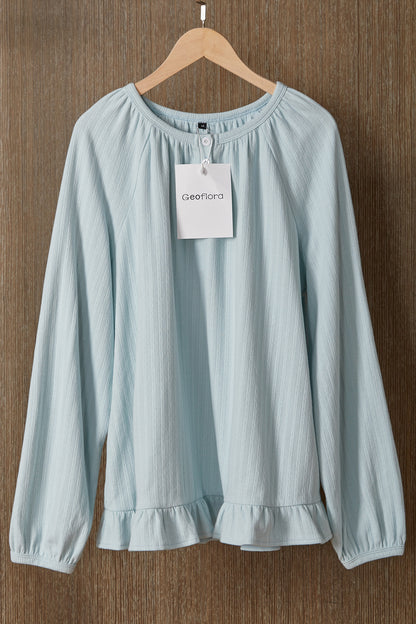 Geoflora Light Blue Ruffle Hem Long Sleeve Blouse - Casual Round Neck Textured Cotton Top