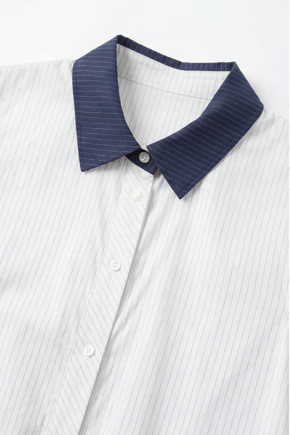 Geoflora White Sleeveless Peplum Blouse with Navy Collar - Casual Button-Down Drawstring Waist Top