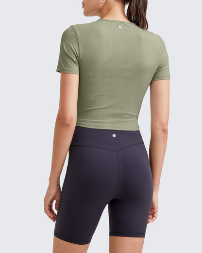 G4Free Activewear Ribbed Slim Workout Crop Short Sleeve #Khaki / S-Khaki / M-Khaki / L-Khaki / XL-Khaki / XS-Purple / S-Purple / M-Purple / L-Purple / XL-Purple / XS