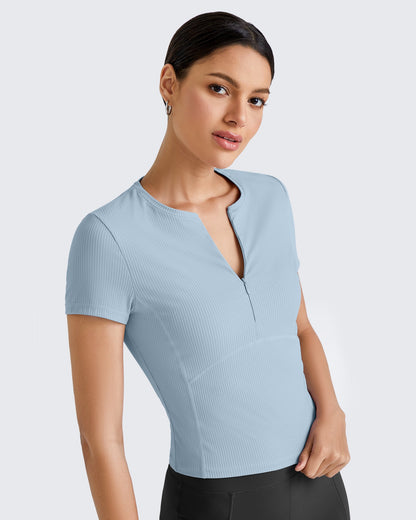 G4Free Activewear Ribbed Half Zip Slim Work Out Short Sleeve #Navy / S-Navy / M-Navy / L-Navy / XL-Navy / XS-Black / S-Black / M-Black / L-Black / XL-Black / XS