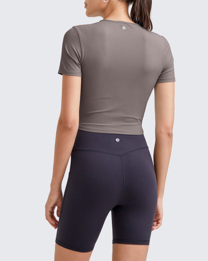 G4Free Activewear Ribbed Slim Workout Crop Short Sleeve #Khaki / S-Khaki / M-Khaki / L-Khaki / XL-Khaki / XS-Purple / S-Purple / M-Purple / L-Purple / XL-Purple / XS
