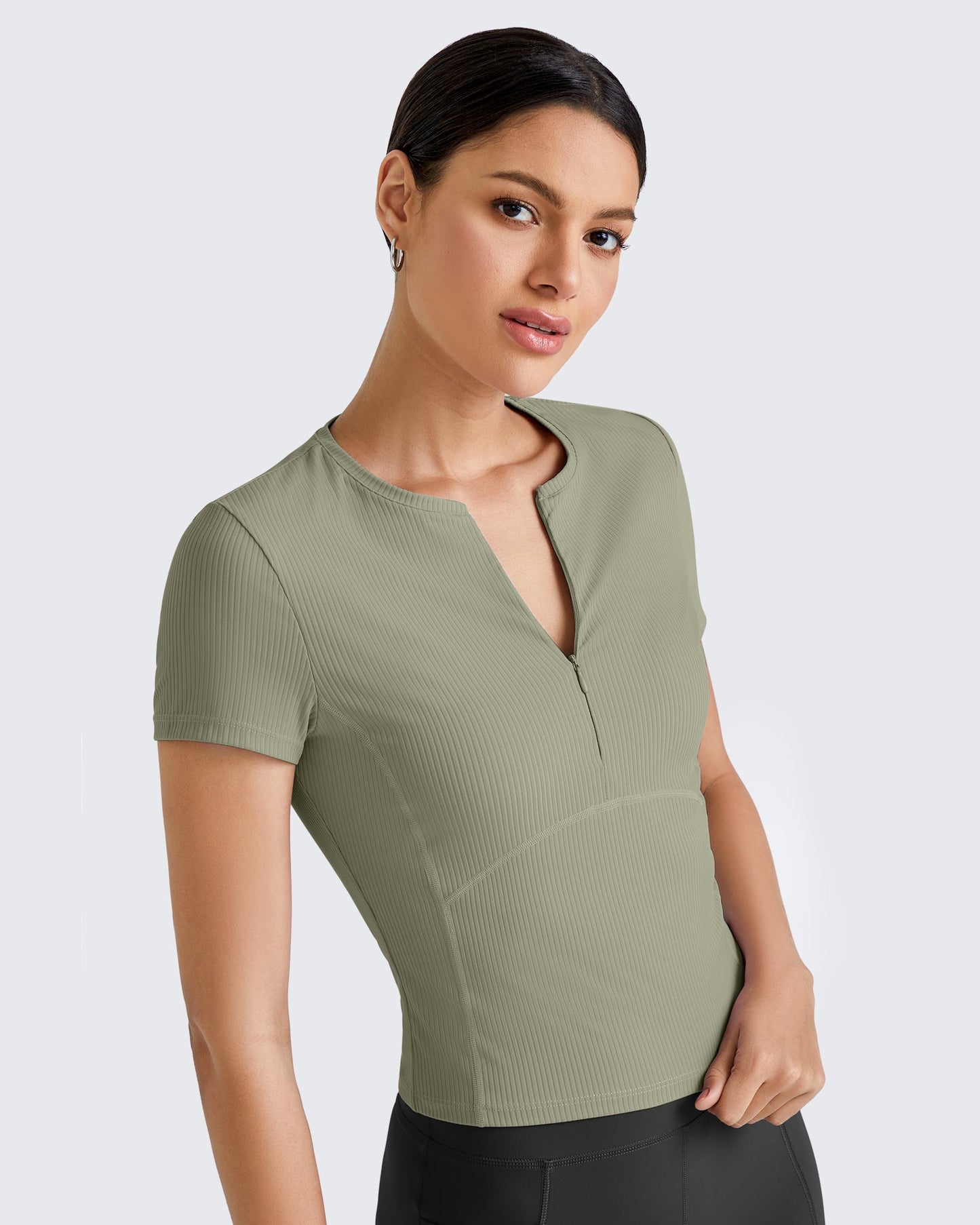 G4free Ribbed Half Zip Slim Work Out Short Sleeve  #forest-green