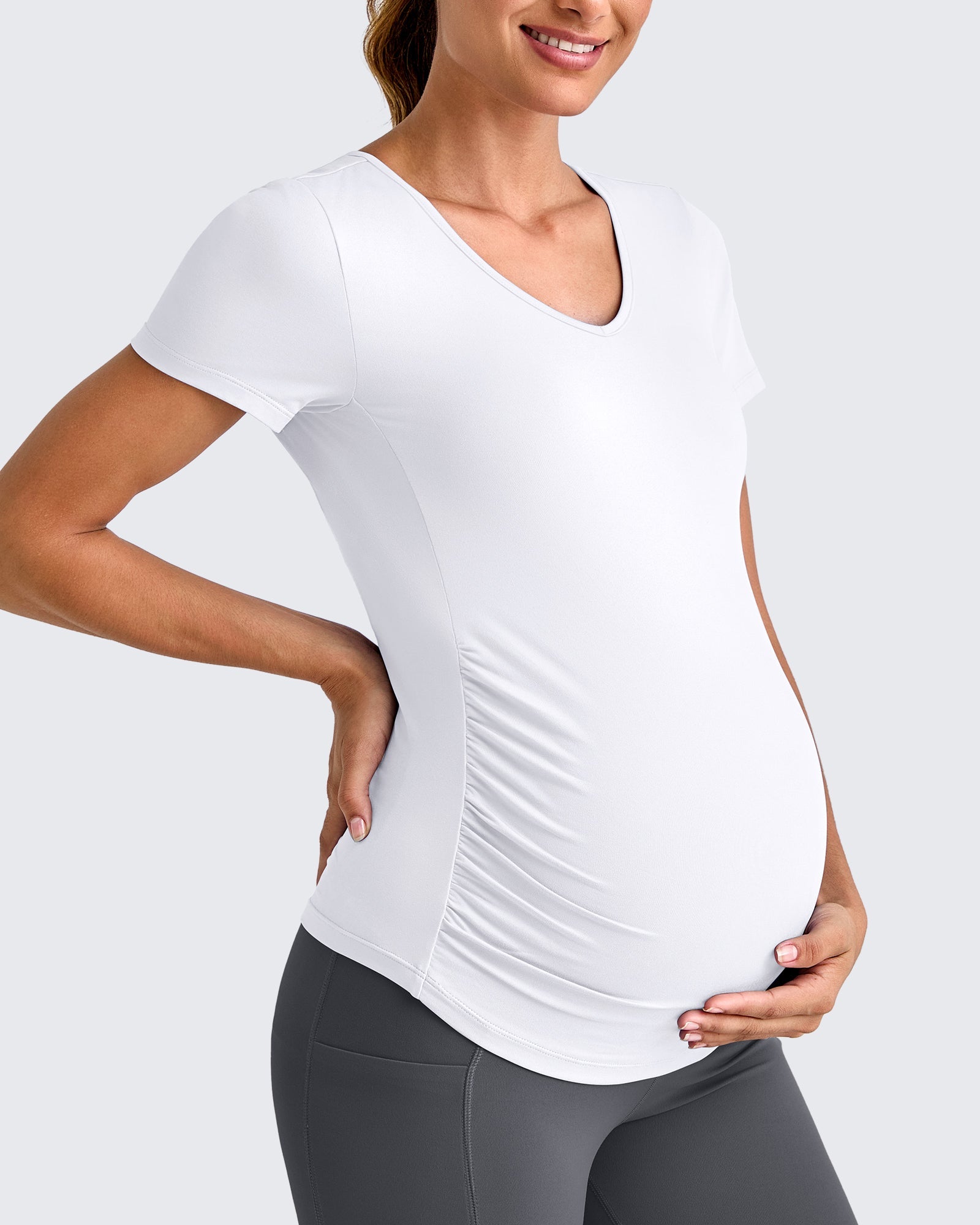 G4Free Activewear Lightweight V Neck Side Ruched Maternity Short Sleeve #Pink / S-Pink / M-Pink / L-Pink / XL-Pink / XXL-Pink / XS-Black / S-Black / M-Black / L-Black / XL