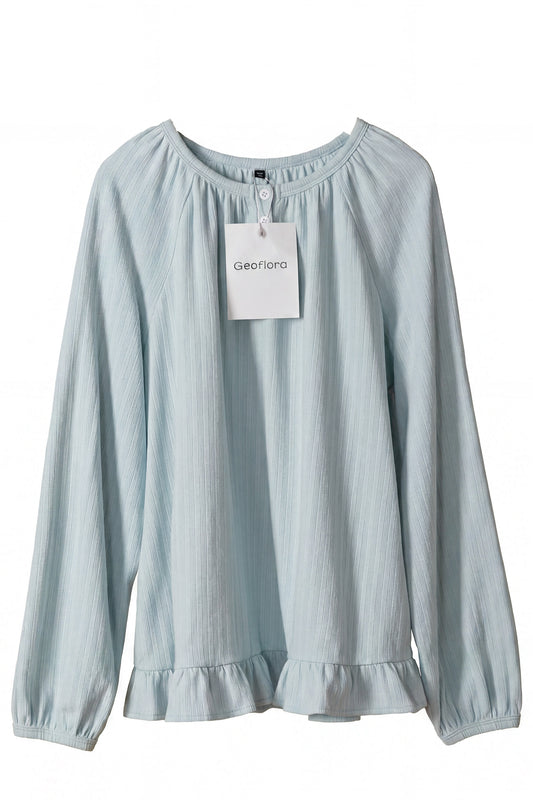 Geoflora Light Blue Ruffle Hem Long Sleeve Blouse - Casual Round Neck Textured Cotton Top