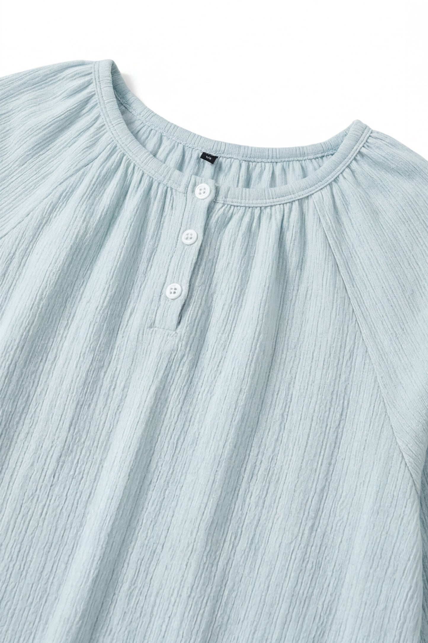 Geoflora Light Blue Ruffle Hem Long Sleeve Blouse - Casual Round Neck Textured Cotton Top