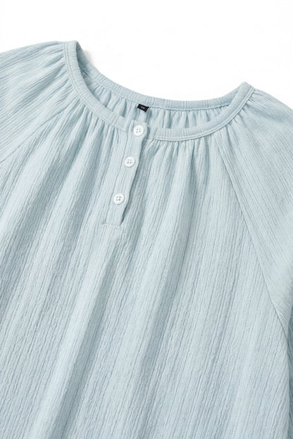 Geoflora Light Blue Ruffle Hem Long Sleeve Blouse - Casual Round Neck Textured Cotton Top