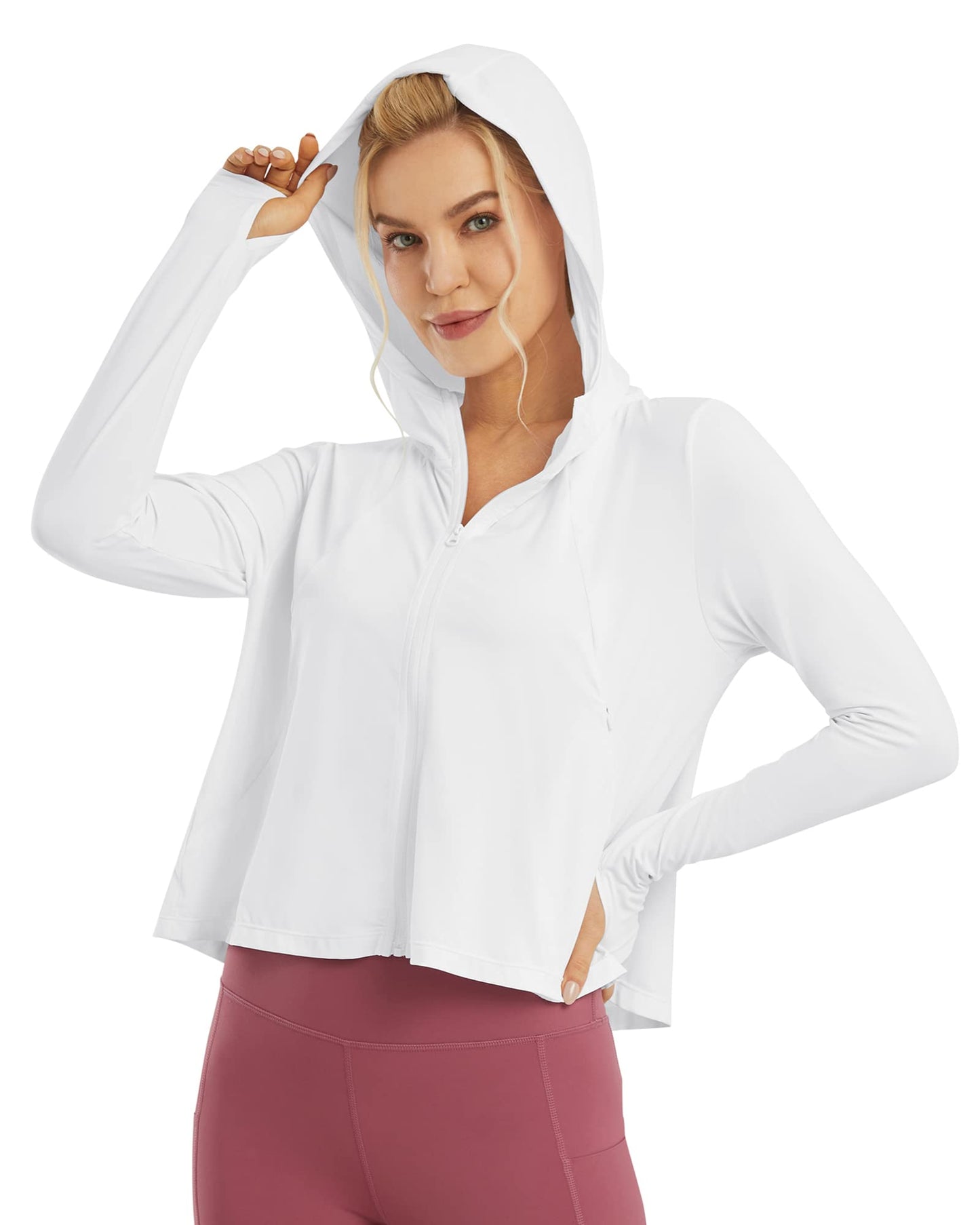 G4Free Activewear UV Sun Crop Zip Hoodie Long Sleeve # White