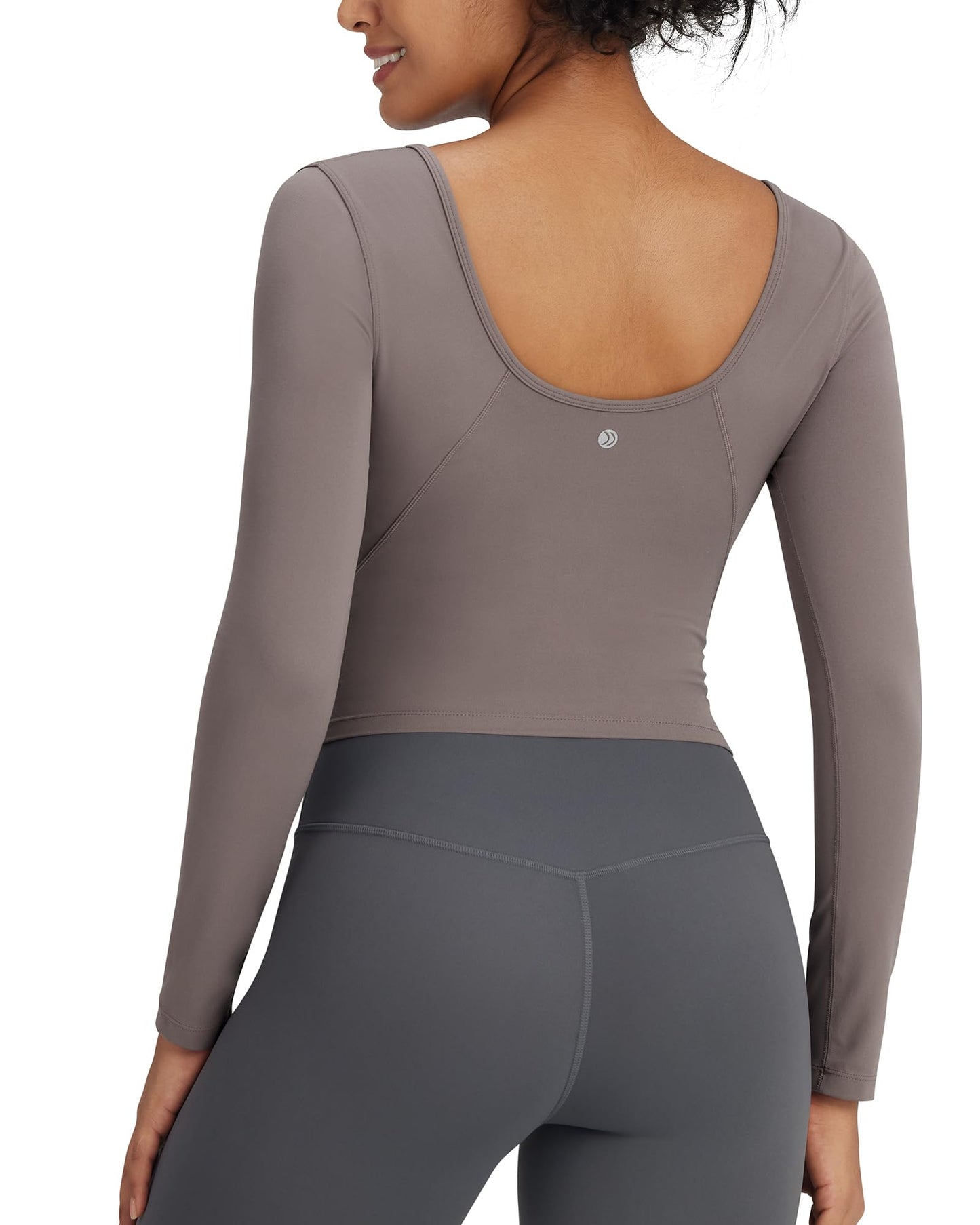 G4Free Activewear Barefeel Slim Scoop Neck Open Back Long Sleeve # Taupe