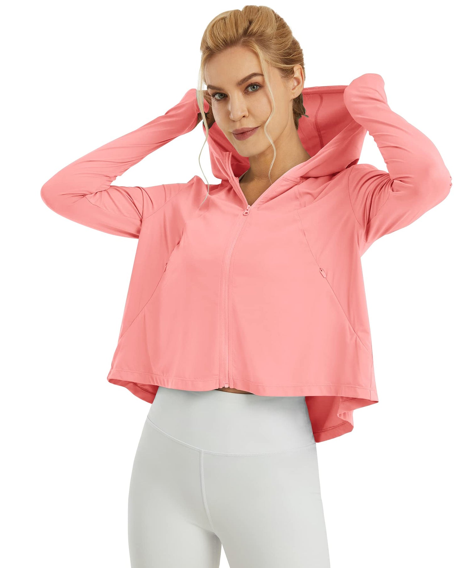 G4Free Activewear UV Sun Crop Zip Hoodie Long Sleeve # Light pink