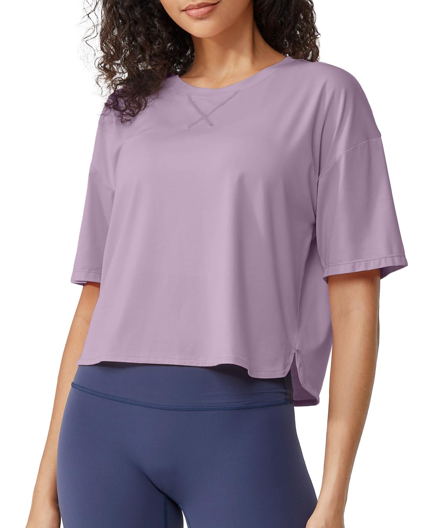 G4Free Activewear Scoop Neck Short Sleeve Workout Crop Tops # Gray purple
