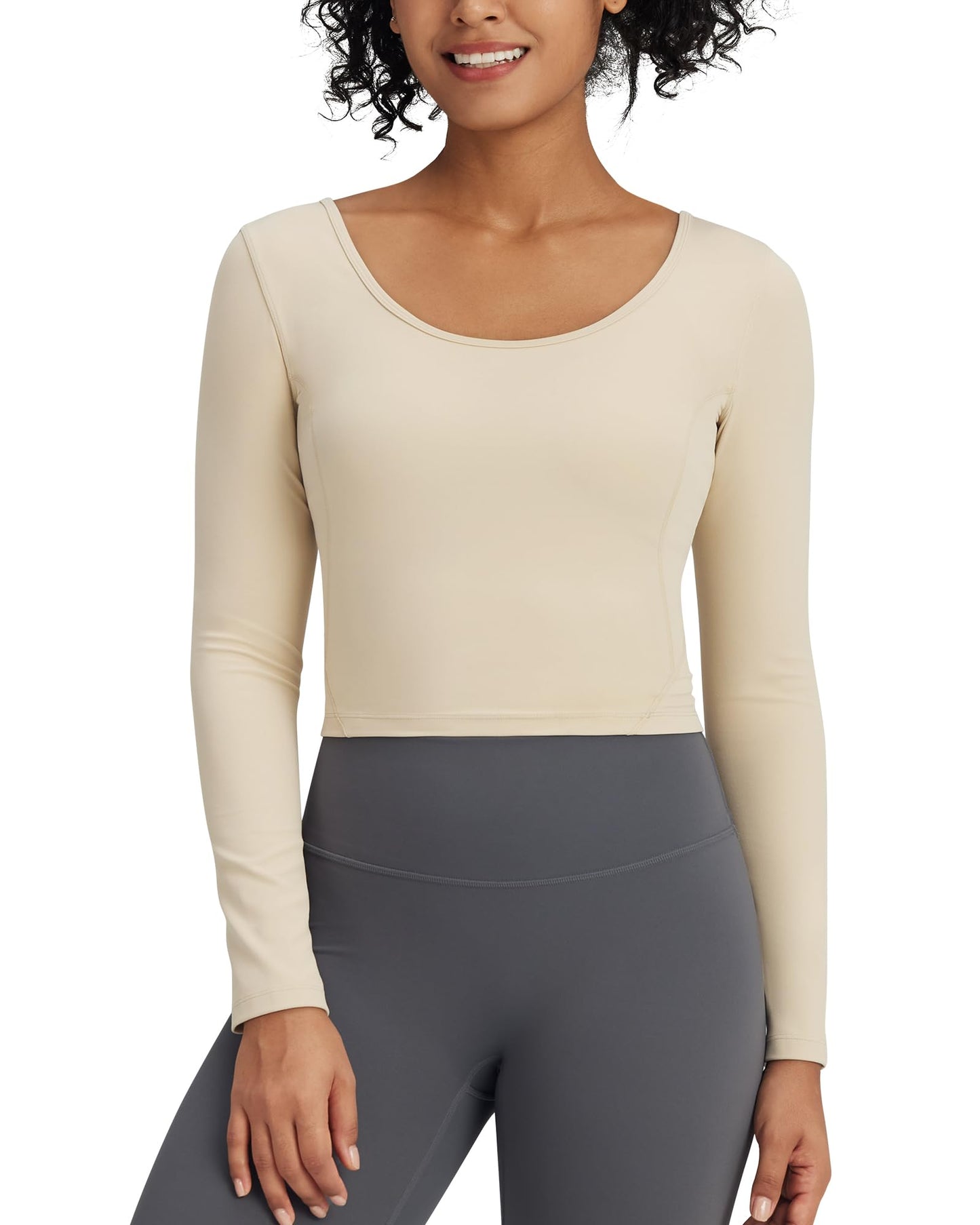 G4Free Activewear Barefeel Slim Scoop Neck Open Back Long Sleeve # Khaki