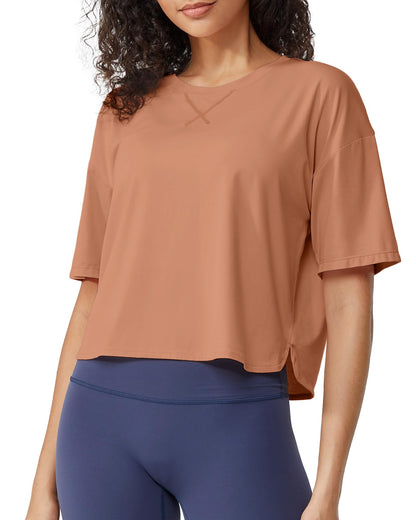 G4Free Activewear Scoop Neck Short Sleeve Workout Crop Tops #