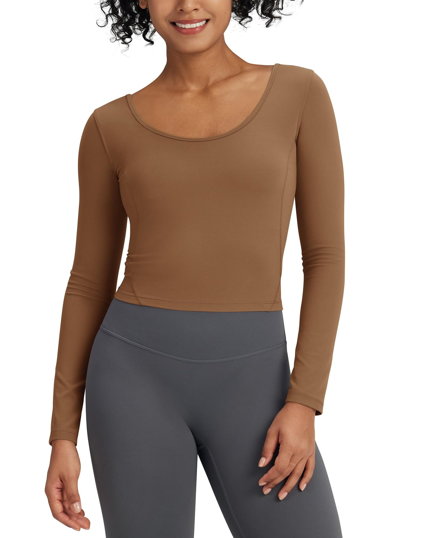 G4Free Activewear Barefeel Slim Scoop Neck Open Back Long Sleeve # Brown sugar