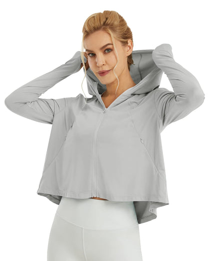 G4Free Activewear UV Sun Crop Zip Hoodie Long Sleeve # Grey
