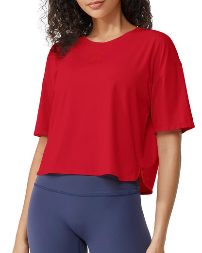 G4Free Activewear Scoop Neck Short Sleeve Workout Crop Tops # Red