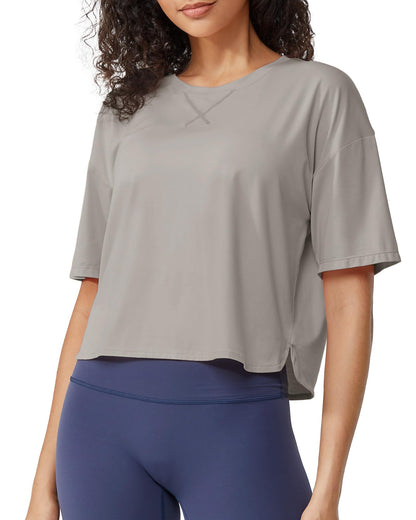 G4Free Activewear Scoop Neck Short Sleeve Workout Crop Tops # Gray