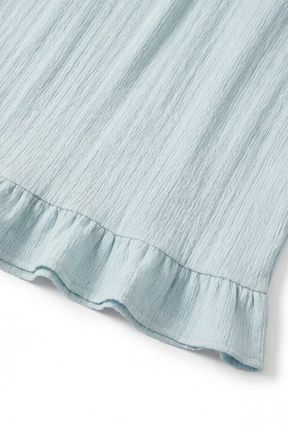 Geoflora Light Blue Ruffle Hem Long Sleeve Blouse - Casual Round Neck Textured Cotton Top