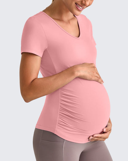 G4Free Activewear Lightweight V Neck Side Ruched Maternity Short Sleeve #Pink / S-Pink / M-Pink / L-Pink / XL-Pink / XXL-Pink / XS-Black / S-Black / M-Black / L-Black / XL