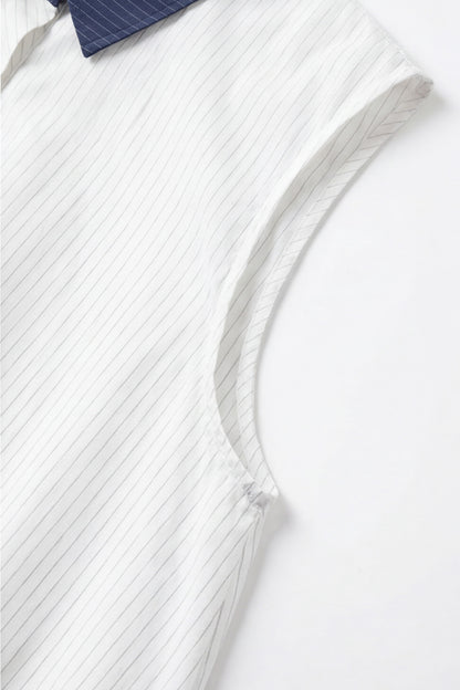 Geoflora White Sleeveless Peplum Blouse with Navy Collar - Casual Button-Down Drawstring Waist Top