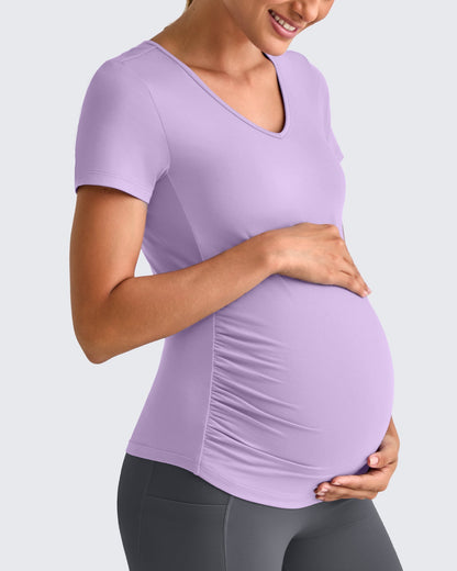 G4Free Activewear Lightweight V Neck Side Ruched Maternity Short Sleeve #Pink / S-Pink / M-Pink / L-Pink / XL-Pink / XXL-Pink / XS-Black / S-Black / M-Black / L-Black / XL