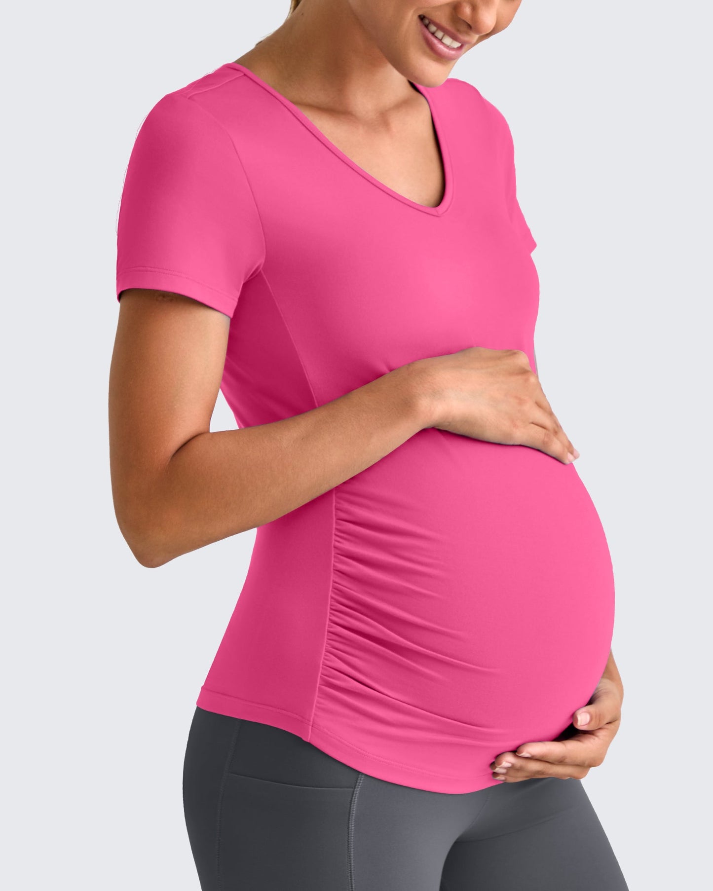 G4Free Activewear Lightweight V Neck Side Ruched Maternity Short Sleeve #Pink / S-Pink / M-Pink / L-Pink / XL-Pink / XXL-Pink / XS-Black / S-Black / M-Black / L-Black / XL