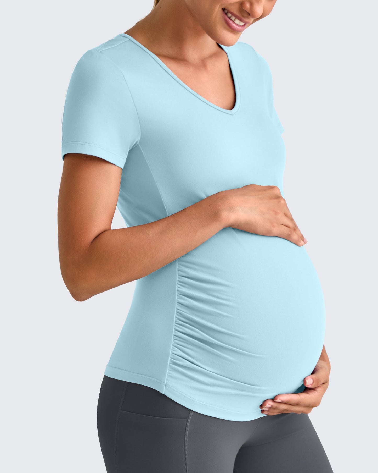 G4Free Activewear Lightweight V Neck Side Ruched Maternity Short Sleeve #Pink / S-Pink / M-Pink / L-Pink / XL-Pink / XXL-Pink / XS-Black / S-Black / M-Black / L-Black / XL