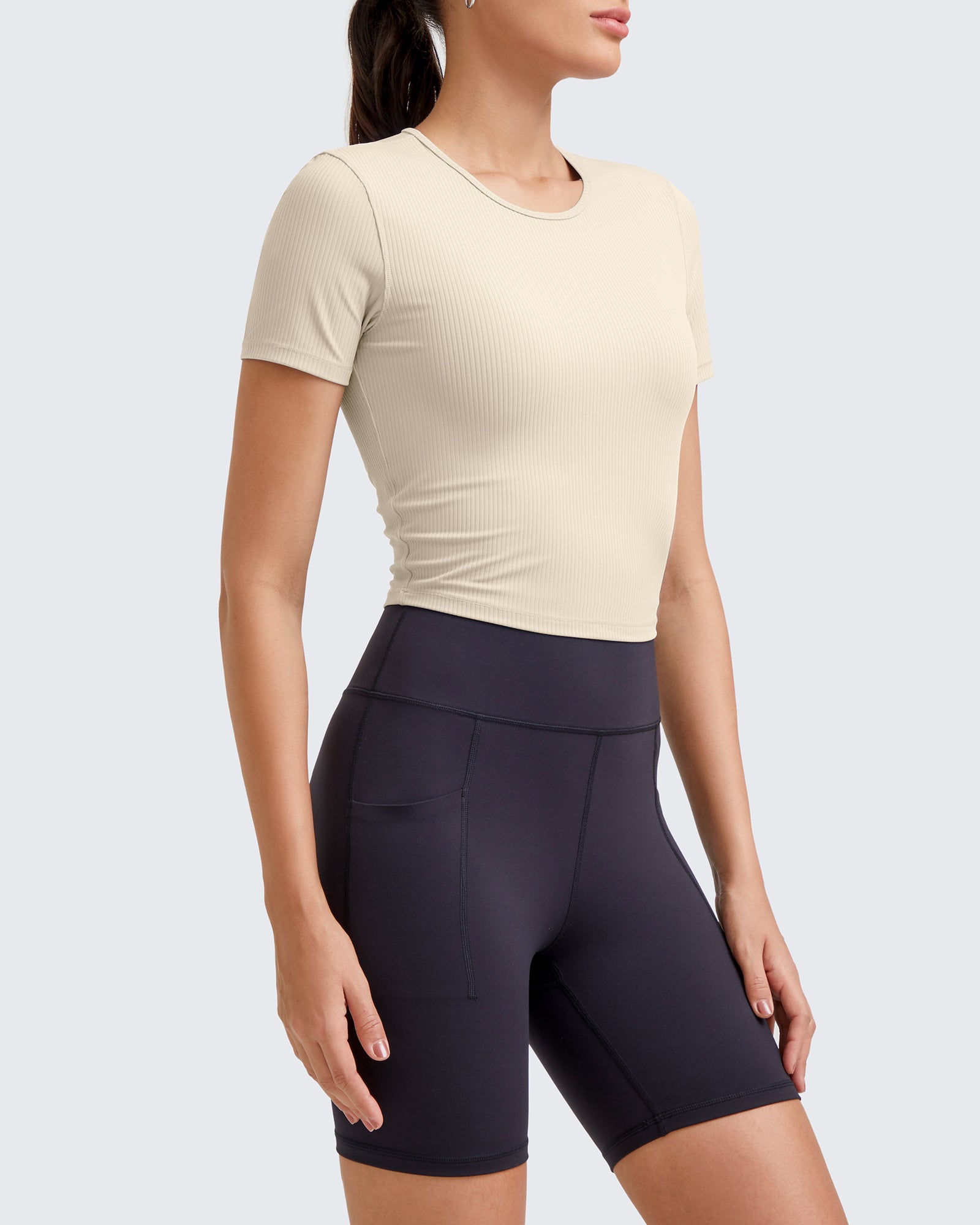 G4Free Activewear Ribbed Slim Workout Crop Short Sleeve #Khaki / S-Khaki / M-Khaki / L-Khaki / XL-Khaki / XS-Purple / S-Purple / M-Purple / L-Purple / XL-Purple / XS