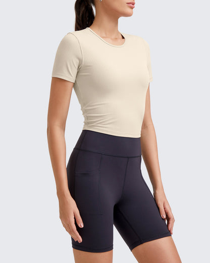 G4Free Activewear Ribbed Slim Workout Crop Short Sleeve #Khaki / S-Khaki / M-Khaki / L-Khaki / XL-Khaki / XS-Purple / S-Purple / M-Purple / L-Purple / XL-Purple / XS