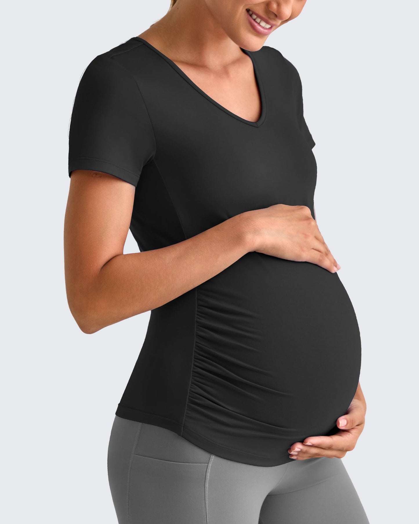 G4Free Activewear Lightweight V Neck Side Ruched Maternity Short Sleeve #Pink / S-Pink / M-Pink / L-Pink / XL-Pink / XXL-Pink / XS-Black / S-Black / M-Black / L-Black / XL