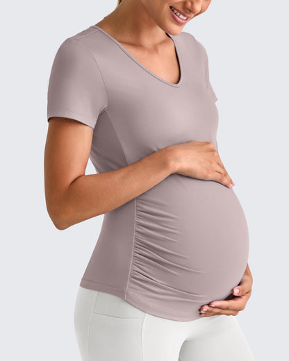 G4Free Activewear Lightweight V Neck Side Ruched Maternity Short Sleeve #Pink / S-Pink / M-Pink / L-Pink / XL-Pink / XXL-Pink / XS-Black / S-Black / M-Black / L-Black / XL