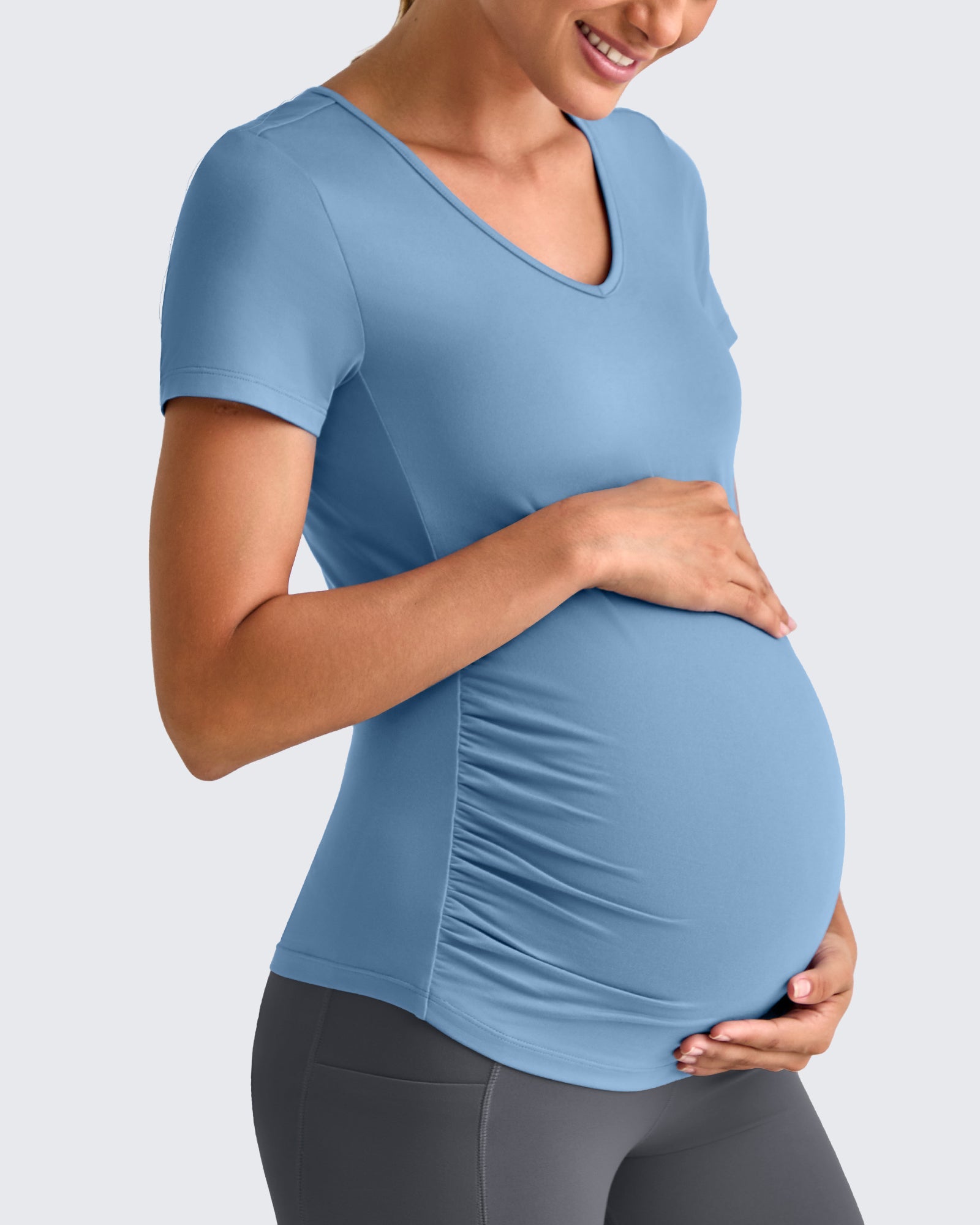 G4Free Activewear Lightweight V Neck Side Ruched Maternity Short Sleeve #Pink / S-Pink / M-Pink / L-Pink / XL-Pink / XXL-Pink / XS-Black / S-Black / M-Black / L-Black / XL