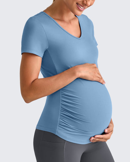 G4Free Activewear Lightweight V Neck Side Ruched Maternity Short Sleeve #Pink / S-Pink / M-Pink / L-Pink / XL-Pink / XXL-Pink / XS-Black / S-Black / M-Black / L-Black / XL