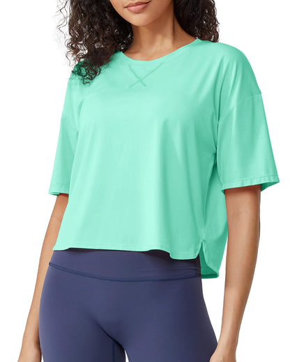 G4Free Activewear Scoop Neck Short Sleeve Workout Crop Tops # Mint green