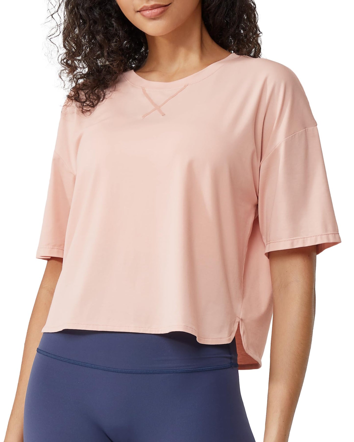 G4Free Activewear Scoop Neck Short Sleeve Workout Crop Tops # Light pink